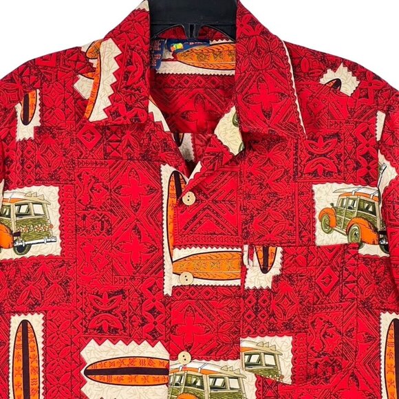 Vintage Roundy Bays Surf Hawaiian Shirt Size M Woody Print Red Beach - Picture 3 of 11